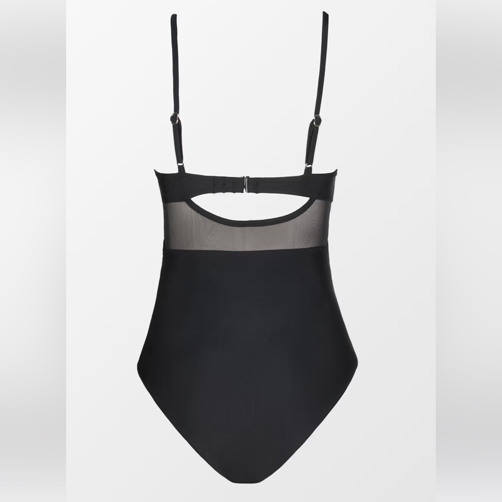 Solid Mesh Wrap Front Cutout Black One Piece Swimsuit - Picture 6 of 8
